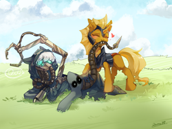 Size: 2224x1668 | Tagged: safe, artist:qamar, imported from derpibooru, oc, oc only, oc:dawn strike, oc:gear works, changeling, cyborg, cyborg pony, earth pony, pony, armor, augmentation, augmented, augmented tail, biting, changeling oc, chaos, crossover, duo, earth pony oc, fear, hood, robotic arm, servo arm, tail, tail bite, techpriest, this will end in tears, warhammer (game), warhammer 40k, yellow changeling
