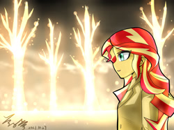 Size: 1600x1200 | Tagged: source needed, safe, artist:zeng_shuai_qi, imported from derpibooru, sunset shimmer, equestria girls, eye clipping through hair, eyebrows, eyebrows visible through hair, female, open mouth, open smile, smiling, solo