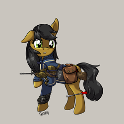 Size: 3500x3500 | Tagged: safe, artist:ghouleh, imported from derpibooru, oc, oc only, earth pony, pony, fallout equestria, armor, bag, battle saddle, clothes, female, gun, high res, jumpsuit, mare, prehensile tail, rifle, saddle bag, screwdriver, tail, vault suit, weapon