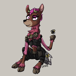 Size: 3000x3000 | Tagged: safe, artist:ghouleh, imported from derpibooru, oc, deer, fallout equestria, antlers, armor, crazy eyes, doe, female, fluffy, grenade, high res, hooves, laser pistol, mercenary