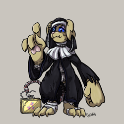 Size: 3500x3500 | Tagged: safe, artist:ghouleh, imported from derpibooru, oc, oc only, cyborg, diamond dog, fallout equestria, armor, bandage, collar, eyepatch, female, high res, nun, smiling