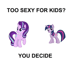 Size: 3776x3384 | Tagged: safe, imported from derpibooru, starlight glimmer, twilight sparkle, pony, unicorn, 1000 hours in ms paint, caption, cardboard twilight, drama bait, duo, duo female, female, grin, high res, image macro, mare, meme, raised hoof, simple background, smiling, stock vector, text, unicorn twilight, white background
