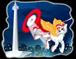 Size: 719x561 | Tagged: safe, artist:tialtri, imported from derpibooru, oc, oc:sinar bulan indonesia, alicorn, pony, city, cityscape, female, flying, g4, g4 to g5, g5, galaxy, hair tie, indonesia, jakarta, mare, my little pony: a new generation, night, open mouth, solo, speed trail, stars