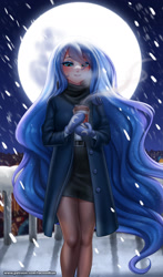 Size: 1118x1900 | Tagged: safe, artist:racoonsan, imported from derpibooru, princess luna, human, blushing, clothes, cute, full moon, happy new year, happy new year 2022, holiday, humanized, jacket, long hair, looking at you, mittens, moon, skirt, snow, snowfall, solo
