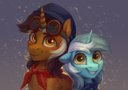 Size: 3508x2480 | Tagged: safe, artist:jewellier, imported from derpibooru, lyra heartstrings, oc, oc:wrench ironbolt, pony, unicorn, bowtie, goggles, grin, hat, high res, looking at you, smiling, snow, snowfall