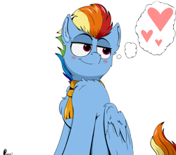 Size: 1100x968 | Tagged: safe, artist:rapid9, imported from derpibooru, rainbow dash, pegasus, pony, season 9, spoiler:s09, chest fluff, clothes, ear fluff, heart, love, older, older rainbow dash, scarf, simple background, solo, white background