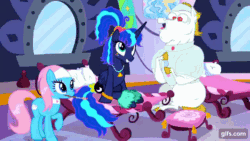 Size: 640x360 | Tagged: safe, imported from derpibooru, screencap, aloe, bulk biceps, princess luna, alicorn, earth pony, pegasus, pony, between dark and dawn, season 9, 80s princess luna, animated, cute, eyes closed, female, gif, gifs.com, lunabetes, male, mare, mouth hold, open mouth, open smile, ponytail, smiling, stallion