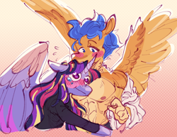 Size: 1500x1159 | Tagged: safe, artist:yuyusunshine, imported from derpibooru, flash sentry, twilight sparkle, alicorn, anthro, pegasus, abstract background, blushing, female, flashlight, heart eyes, hug, male, male nipples, muscles, muscular male, nipples, pecs, shipping, straight, teary eyes, twilight sparkle (alicorn), wavy mouth, wingding eyes