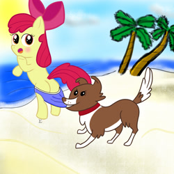 Size: 2318x2314 | Tagged: safe, artist:kinkycelestia, imported from derpibooru, apple bloom, winona, dog, earth pony, pony, beach, bipedal, bloom butt, butt, clothes, coppertone parody, female, filly, foal, high res, palm tree, pants, pants down, plot, tree