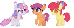 Size: 830x322 | Tagged: safe, artist:leka97, artist:selenaede, imported from derpibooru, apple bloom, scootaloo, sweetie belle, earth pony, pegasus, pony, unicorn, alternate design, base used, commission, cutie mark crusaders, female, filly, foal, redesign, simple background, trio, white background