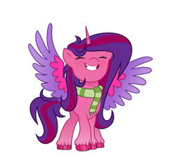 Size: 2488x2420 | Tagged: safe, artist:darbypop1, imported from derpibooru, oc, oc only, oc:alyssa rice, alicorn, pony, alicorn oc, base used, clothes, colored wings, eyes closed, female, g5, grin, high res, horn, mare, my little pony: a new generation, scarf, simple background, smiling, solo, spread wings, striped scarf, transparent background, two toned wings, wings