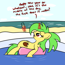 Size: 2000x2000 | Tagged: safe, artist:dafiltafish, imported from derpibooru, oc, oc only, oc:piña, pony, unicorn, alcohol, beach, high res, horn, magic, pool toy, solo, swimming pool, telekinesis, text, unicorn oc, vulgar