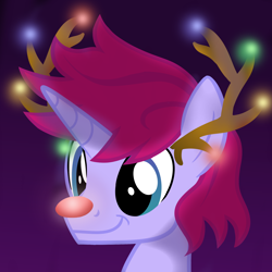 Size: 2000x2000 | Tagged: safe, artist:candy meow, imported from derpibooru, oc, oc:prologue, unicorn, animal costume, antlers, costume, happy, high res, horn, legends of equestria, male, mascot, pony oc, reindeer antlers, reindeer costume, rudolph nose, simple background, smiling, solo, unicorn oc