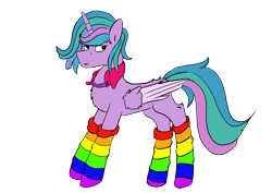 Size: 3508x2480 | Tagged: safe, artist:hrabiadeblacksky, imported from derpibooru, oc, oc only, oc:colourful aurora, alicorn, pony, derpibooru community collaboration, 2022 community collab, alicorn oc, chest fluff, clothes, high res, horn, nonbinary, rainbow socks, simple background, socks, solo, striped socks, transparent background, wings