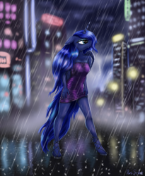 Size: 4013x4903 | Tagged: safe, artist:pony-stark, imported from derpibooru, princess luna, alicorn, anthro, unguligrade anthro, breasts, clothes, dress, female, mare, night, rain, solo