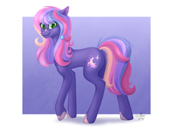 Size: 4670x3555 | Tagged: safe, artist:starshade, imported from derpibooru, oc, oc only, earth pony, pony, 2021, commission, cute, earth pony oc, female, gradient background, green eyes, heart, heart eyes, lightly watermarked, mare, oc name needed, purple background, purple body, simple background, smiling, watermark, white background, wingding eyes