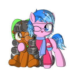 Size: 2112x2048 | Tagged: safe, artist:neige de printdemps, imported from derpibooru, oc, oc only, oc:neige de printdemps, oc:starlight siten, pony, unicorn, derpibooru community collaboration, 2022 community collab, blushing, clothes, female, high res, horn, hug, male, open mouth, scarf, simple background, smiling, transparent background, unicorn oc