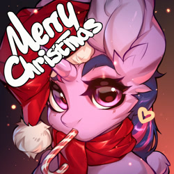 Size: 1280x1280 | Tagged: safe, artist:minekoo2, imported from derpibooru, twilight sparkle, alicorn, pony, candy, candy cane, christmas, digital art, female, food, hat, holiday, horn, looking at you, mare, santa hat, solo, twilight sparkle (alicorn), wings