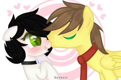 Size: 768x509 | Tagged: safe, artist:plinckyctt, imported from derpibooru, oc, oc only, earth pony, pegasus, pony, abstract background, blushing, bust, choker, duo, earth pony oc, female, kissing, male, mare, necktie, oc x oc, pegasus oc, shipping, stallion