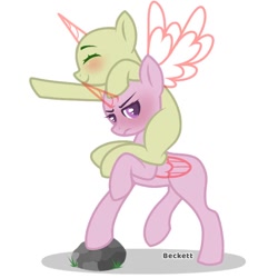 Size: 768x768 | Tagged: safe, artist:plinckyctt, imported from derpibooru, oc, oc only, alicorn, pony, alicorn oc, base, blushing, duo, eyes closed, horn, piggyback ride, raised hoof, simple background, smiling, unamused, white background, wings