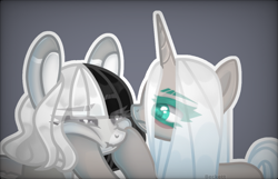 Size: 1203x777 | Tagged: safe, artist:plinckyctt, imported from derpibooru, oc, oc only, earth pony, pony, unicorn, base used, bust, cheek squish, duo, earth pony oc, eye clipping through hair, eyelashes, gray background, horn, simple background, squishy cheeks, unicorn oc