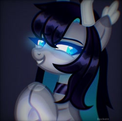 Size: 768x764 | Tagged: safe, artist:plinckyctt, imported from derpibooru, oc, oc only, pony, bust, choker, dark background, female, grin, hooves together, mare, smiling, solo