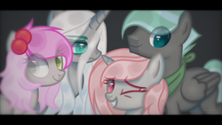 Size: 1280x720 | Tagged: safe, artist:plinckyctt, imported from derpibooru, oc, oc only, earth pony, pegasus, pony, bust, dark background, earth pony oc, eye clipping through hair, eyelashes, female, frown, group, male, mare, neckerchief, one eye closed, pegasus oc, stallion, wings, wink