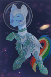 Size: 1000x1500 | Tagged: safe, artist:plinckyctt, imported from derpibooru, rainbow dash, pegasus, pony, scare master, astronaut, eyes closed, female, jupiter, mare, outdoors, solo, space, space helmet, spacesuit, wings