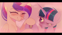 Size: 1280x720 | Tagged: safe, artist:plinckyctt, imported from derpibooru, princess cadance, twilight sparkle, alicorn, pony, unicorn, bandaid, bust, crying, duo, eyelashes, female, mare, smiling, unicorn twilight