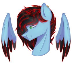 Size: 1996x1754 | Tagged: safe, artist:plinckyctt, imported from derpibooru, oc, oc only, pegasus, pony, bust, colored wings, ear piercing, earring, floating wings, jewelry, pegasus oc, piercing, simple background, smiling, solo, transparent background, two toned wings, wings