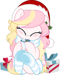 Size: 4021x5000 | Tagged: safe, artist:jhayarr23, imported from derpibooru, oc, oc only, oc:ninny, pegasus, pony, ^^, absurd resolution, blushing, chocolate, christmas, clothes, cute, eyes closed, female, food, front view, hat, holiday, hoof hold, hot chocolate, mare, ocbetes, pegasus oc, present, santa hat, scarf, show accurate, simple background, sitting, socks, solo, stockings, striped socks, thigh highs, transparent background, two toned mane, underhoof, unshorn fetlocks, vector