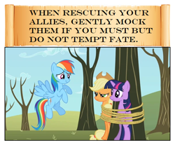 Size: 612x507 | Tagged: safe, artist:winged cat, edit, edited screencap, imported from derpibooru, screencap, applejack, rainbow dash, twilight sparkle, earth pony, pegasus, pony, unicorn, comic:friendship is dragons, secret of my excess, comic, dead tree, female, flying, hat, mare, outdoors, raised hoof, rope, screencap comic, tied up, tree, unamused, unicorn twilight