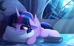 Size: 3999x2491 | Tagged: source needed, safe, artist:magnaluna, imported from derpibooru, twilight sparkle, alicorn, pony, bed, book, crying, female, floppy ears, high res, hug, lonely, lying down, mare, moon, one eye closed, pillow, pillow hug, prone, sad, solo, tree, twilight sparkle (alicorn), window