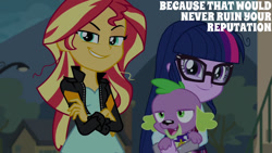 Size: 1280x720 | Tagged: safe, edit, edited screencap, editor:quoterific, imported from derpibooru, screencap, sci-twi, spike, spike the regular dog, sunset shimmer, twilight sparkle, dog, equestria girls, friendship games, clothes, crossed arms, female, glasses, jacket, male, open mouth, open smile, smiling