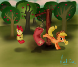 Size: 1500x1300 | Tagged: safe, artist:quadice, imported from derpibooru, apple bloom, applejack, earth pony, pony, apple, apple tree, female, filly, foal, mare, punching bag, training, tree