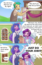 Size: 3208x4960 | Tagged: safe, artist:pwnagespartan, imported from derpibooru, hitch trailblazer, izzy moonbow, pipp petals, anthro, pegasus, unicorn, adorapipp, angry, blushing, choker, clothes, cloud, comic, cute, dialogue, dress, duo, duo female, eyes closed, female, g5, hammer, height difference, height supremacy, high res, horn, izzy is tol, izzybetes, larger female, madorable, marelet, my little pony: a new generation, open mouth, overalls, pipp is short, screwdriver, size difference, skirt, smaller female, smol, speech bubble, spread wings, sweater, thought bubble, tools, turtleneck, wings, yelling
