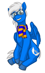 Size: 996x1616 | Tagged: safe, artist:texasuberalles, imported from derpibooru, oc, oc only, oc:silver seraph, pegasus, pony, derpibooru community collaboration, 2022 community collab, clothes, colored hooves, glasses, male, one wing out, scarf, simple background, sitting, smiling, solo, stallion, transparent background, wings