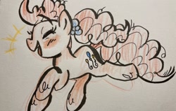 Size: 1280x813 | Tagged: safe, artist:kluzart, imported from derpibooru, pinkie pie, earth pony, pony, blushing, colored pencil drawing, eyes closed, female, ink drawing, mare, smiling, solo, traditional art