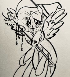 Size: 1758x1920 | Tagged: safe, artist:kluzart, imported from derpibooru, fluttershy, pegasus, pony, cape, clothes, hat, ink drawing, monochrome, solo, staff, traditional art, witch hat