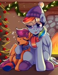 Size: 1750x2250 | Tagged: safe, artist:shadowreindeer, imported from derpibooru, rainbow dash, scootaloo, pegasus, pony, :p, christmas, christmas tree, clothes, cute, cutealoo, dashabetes, duo, duo female, eye clipping through hair, eyes closed, female, filly, fire, fireplace, foal, happy new year, holiday, mare, onomatopoeia, scarf, scootalove, sleeping, sound effects, tongue out, tree, zzz