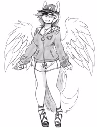 Size: 2274x3000 | Tagged: safe, artist:replica, imported from derpibooru, oc, oc only, oc:array, anthro, pegasus, unguligrade anthro, cap, cellphone, clothes, doodle, female, glasses, hat, high res, holding, jacket, lidded eyes, looking at you, mare, monochrome, phone, shorts, simple background, sketch, smartphone, smiling, solo, spread wings, white background, wings