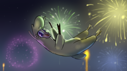 Size: 3840x2160 | Tagged: safe, artist:hitsuji, imported from derpibooru, alpaca, them's fightin' herds, cloven hooves, community related, falling, fireworks, happy new year, high res, holiday, looking at you, paprika (tfh), sky, solo, stars