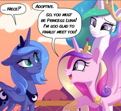 Size: 1725x1578 | Tagged: safe, artist:lummh, artist:regendary, imported from derpibooru, princess cadance, princess celestia, princess luna, alicorn, pony, comic:the princess of love, ..., adopted, alicorn triarchy, aunt, aunt and niece, comic, cutie mark, dialogue, exclamation point, female, horn, luna is not amused, mare, meeting, niece, one eye closed, question mark, royal sisters, s1 luna, siblings, sisters, unamused, wings, wings down, wink