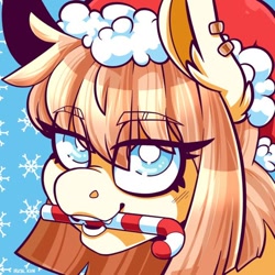 Size: 476x476 | Tagged: safe, artist:lrusu, imported from derpibooru, oc, oc only, pony, candy, candy cane, christmas, eyebrows, eyebrows visible through hair, food, hat, holiday, mouth hold, santa hat, solo, white pupils