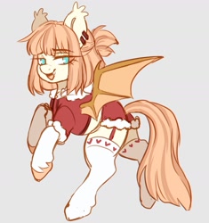 Size: 1464x1560 | Tagged: safe, artist:cheekipone, imported from derpibooru, oc, oc only, oc:honey milk, bat pony, pony, bat pony oc, clothes, fangs, gray background, legwear, simple background, socks, solo, stockings, thigh highs