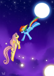 Size: 1500x2122 | Tagged: safe, artist:firstsky, imported from derpibooru, fluttershy, rainbow dash, firefly (insect), insect, pegasus, pony, duo, female, flutterdash, flying, lesbian, moon, night, night sky, shipping, sky