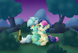 Size: 4922x3368 | Tagged: safe, artist:background basset, imported from derpibooru, bon bon, lyra heartstrings, sweetie drops, earth pony, pony, unicorn, adorabon, alcohol, bottle, champagne, cute, duo, duo female, female, glass, happy, hug, lesbian, lyrabetes, lyrabon, night, shipping, wine