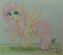 Size: 1260x1093 | Tagged: safe, artist:prinrue, imported from derpibooru, fluttershy, prancing, shadow, signature, smiling, solo, spread wings, traditional art, wings