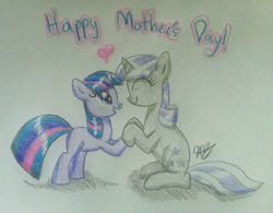 Size: 1280x1000 | Tagged: safe, artist:prinrue, imported from derpibooru, twilight sparkle, twilight velvet, unicorn, duo, duo female, female, filly, filly twilight sparkle, foal, mare, mother and child, mother and daughter, mother's day, traditional art, unicorn twilight, younger