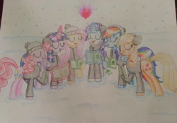 Size: 1604x1119 | Tagged: safe, artist:prinrue, imported from derpibooru, applejack, fluttershy, pinkie pie, rainbow dash, rarity, twilight sparkle, alicorn, earth pony, pegasus, unicorn, applejack's hat, bundled up for winter, caroling, christmas, clothes, cowboy hat, earmuffs, female, fire of friendship, glowing, glowing horn, hat, holiday, horn, jacket, magic, mane six, mare, snow, stetson, sweater, traditional art, twilight sparkle (alicorn), winter clothes, winter outfit